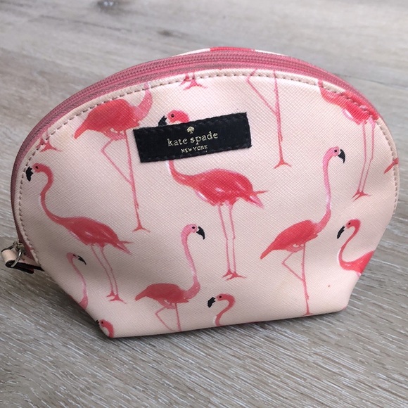 [kate spade] Flamingo Printed Quality Leather Zip-Up Pink Cosmetic Small Bag - Picture 3 of 10